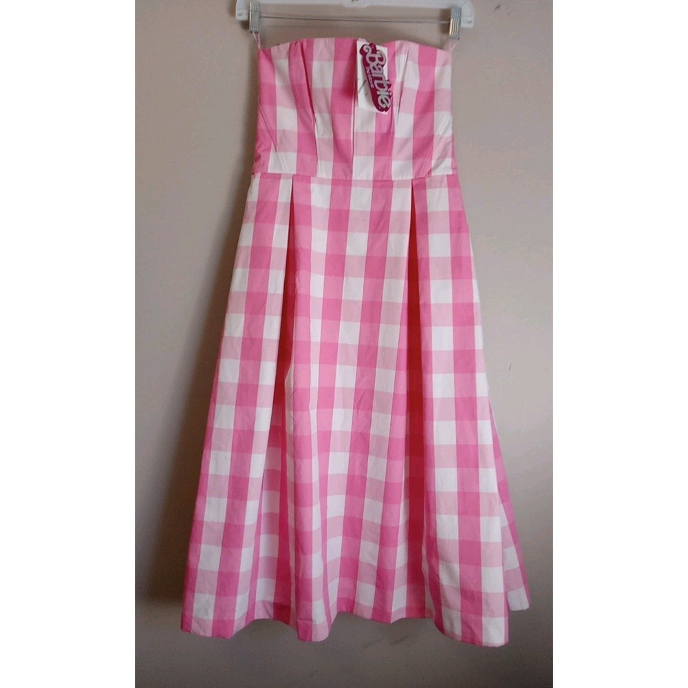 Zara x Barbie Pink White Lined Sleeveless Gingham Midi Dress Size M New